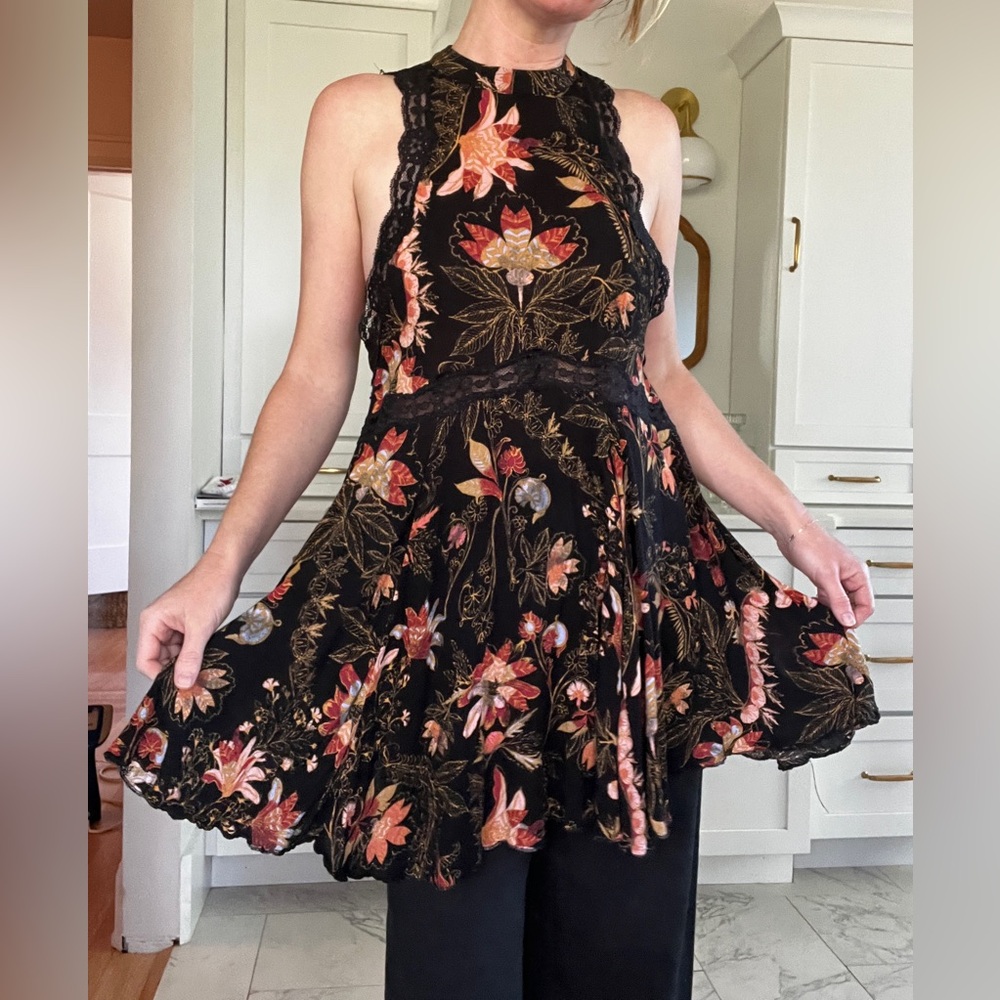 Free People Black and Red Floral Blouse
